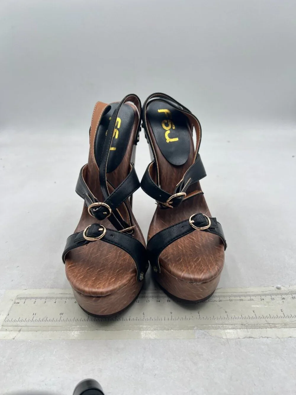 FSJ Black Open Toe Triple Buckle Straps Clog Heels Studded Platform Sandals